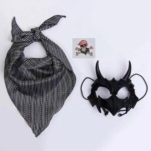 Карнавальный Набор "Дьявол"бандана в полоску, маска с рогами латекс черная, наклейка