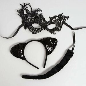 Карнавальный набор "Женщина-кошка"ободок-ушки, хвостик, маска