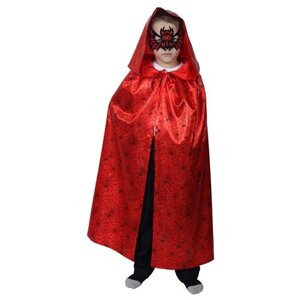 Карнавальный плащ паутина на красном с копюшоном, маска, атлас, длина 85 см 3924331