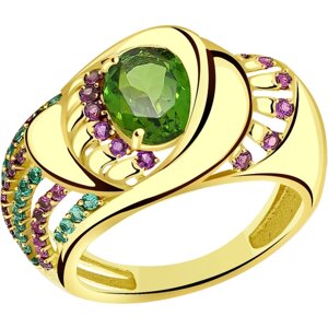 Кольцо Diamant online, желтое золото, 585 проба, родолит, турмалин, изумруд, размер 17.5, зеленый