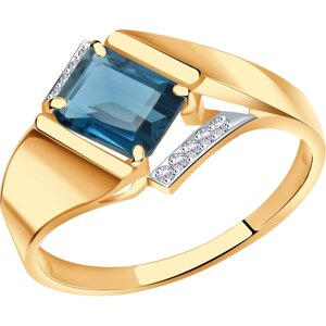 Кольцо Diamant online, золото, 585 проба, фианит, топаз, размер 18.5, голубой