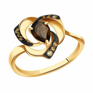 Кольцо Diamant online, золото, 585 проба, раухтопаз, фианит, размер 18.5, коричневый
