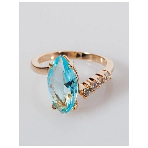Кольцо Lotus Jewelry, бижутерный сплав, золочение, фианит, размер 19, голубой
