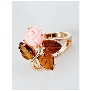 Кольцо Lotus Jewelry, бижутерный сплав, золочение, нефрит, коралл, размер 17, розовый, зеленый