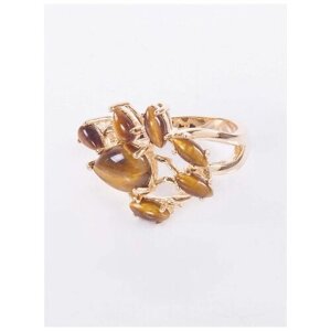 Кольцо Lotus Jewelry, бижутерный сплав, золочение, тигровый глаз, размер 20, коричневый