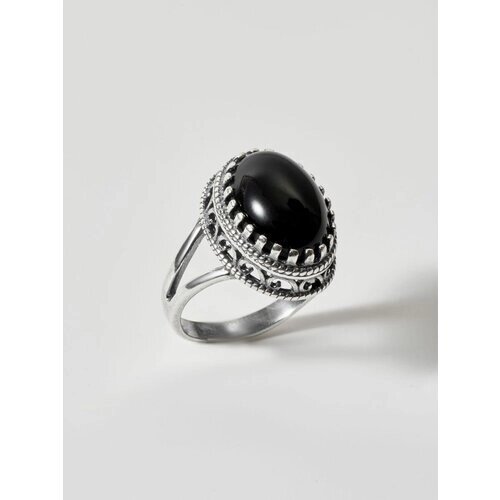 Кольцо Shine & Beauty, латунь, серебрение, агат, размер 20, черный, серебряный