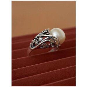 Кольцо Shine & Beauty, латунь, серебрение, жемчуг культивированный, размер 18, серебряный