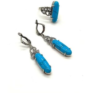 Комплект бижутерии ForMyGirl: серьги, кольцо, бижутерный сплав, серебрение, бирюза синтетическая, размер кольца 17.5, голубой