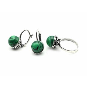 Комплект бижутерии : колье, серьги, мельхиор, малахит синтетический, размер кольца 18, зеленый