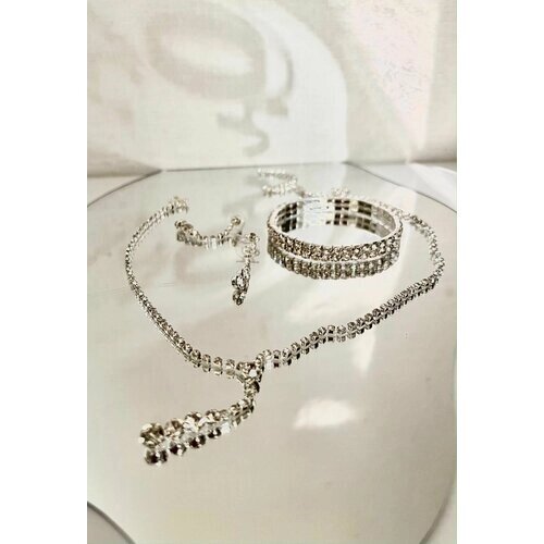 Комплект бижутерии Ожерелье из страз 3 в 1 браслет, колье, серьги: серьги, колье, браслет, серебряный