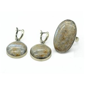 Комплект бижутерии Радуга Камня: кольцо, серьги, беломорит, лунный камень, размер кольца 19.5, мультиколор