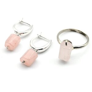 Комплект бижутерии Радуга Камня: кольцо, серьги, кварц, размер кольца 18.5, розовый