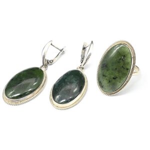 Комплект бижутерии Радуга Камня: кольцо, серьги, нефрит, размер кольца 18, зеленый