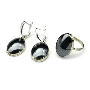 Комплект бижутерии: серьги, кольцо, гематит, размер кольца 18.5, черный