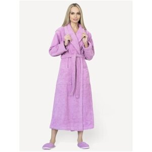 Комплект , халат, тапочки, длинный рукав, карманы, банный, пояс, размер 46, фиолетовый
