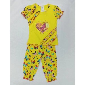 Комплект летний для девочки футболка и бриджи, цвет: желтый принт сердечко, хлопок 100% кулирка, размер 110-116 (60)