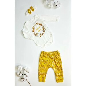 Комплект одежды детский, повязка и ползунки и боди, повседневный стиль, манжеты, размер 3-6 мес, желтый, белый