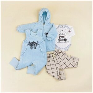 Комплект одежды lucky child детский, полукомбинезон и куртка и брюки и боди, повседневный стиль, размер 22 (68-74), бежевый, голубой