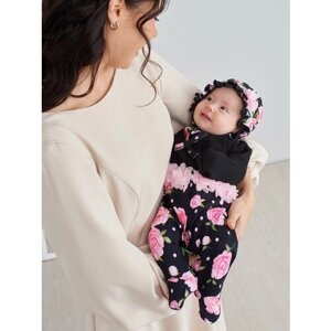 Комплект одежды Luxury Baby для девочек, чепчик и комбинезон, нарядный стиль, без карманов, застежка под подгузник, размер 56, черный, розовый