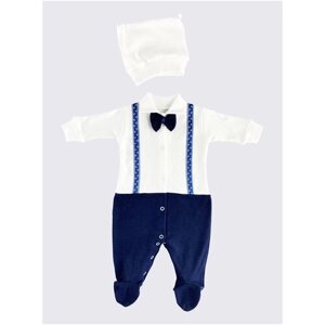 Комплект одежды Стеша для мальчиков, шапка и комбинезон, нарядный стиль, застежка под подгузник, подтяжки, размер 18 (56-62) 2-3 мес., белый, синий