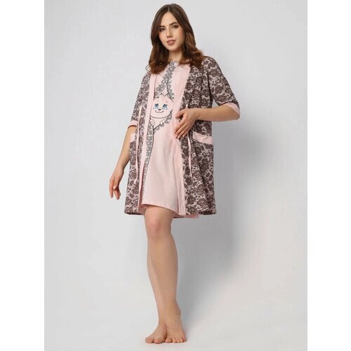 Комплект Style Margo, сорочка, халат, застежка пуговицы, укороченный рукав, размер 56, розовый
