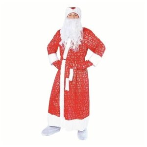 Костюм "Дед Мороз с серебряными снежинками"плюш, шуба, шапка, варежки, борода, размер 52-54, рост 185