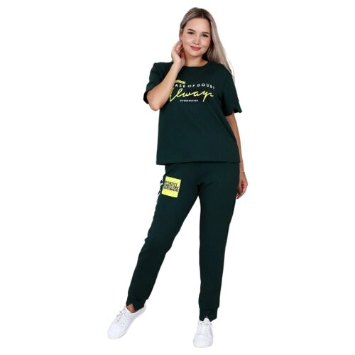 Костюм Elena Tex, футболка и брюки, повседневный стиль, свободный силуэт, пояс на резинке, трикотажный, карманы, размер 42, зеленый