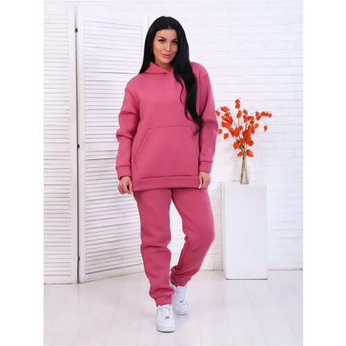 Костюм Odevais, толстовка и брюки, повседневный стиль, оверсайз, утепленный, капюшон, карманы, размер 46, розовый
