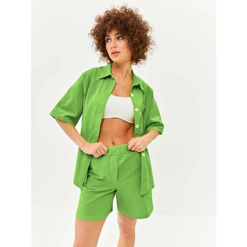 Костюм, рубашка и шорты, повседневный стиль, свободный силуэт, карманы, пояс на резинке, размер M, зеленый