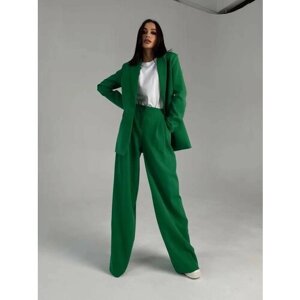 Костюм, жакет и брюки, классический стиль, прямой силуэт, пояс на резинке, размер 42, зеленый