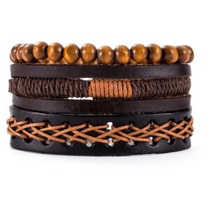Кожаный браслет. Материал: натуральная кожа+кожаная плетеная веревка+вощеная веревка+сплав+деревянные бусины.