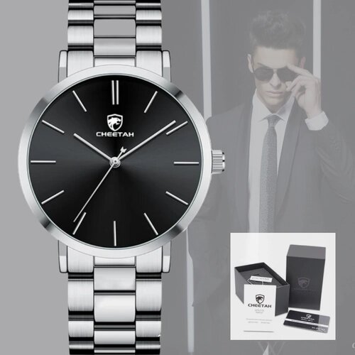 Наручные часы Часы наручные мужские кварцевые брендовые модные деловые водонепроницаемые с браслетом из нержавеющей стали, серебряный