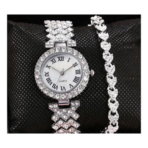 Наручные часы Часы женские наручные с браслетом со стразами серебро набор бижутерии, серебряный