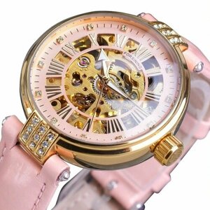 Наручные часы Forsining Роскошные женские модные автоматические механические часы со скелетом, розовый