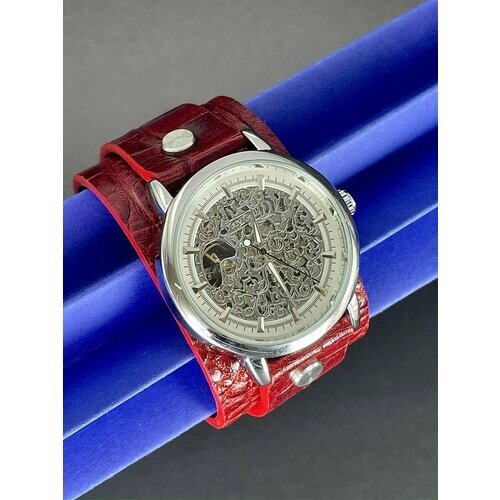Наручные часы Katy Geht Часы наручные скелетоны с кожаным ремешком ручной работы в подарочной упаковке от Katy Geht, красный, серебряный