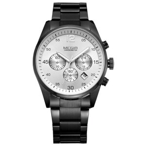 Наручные часы Megir Часы наручные мужские кварцевые Megir с хронографом влагостойкие, черный, серебряный