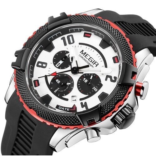 Наручные часы Megir Кварцевые мужские спортивные водонепроницаемые с хронографом, черный, белый