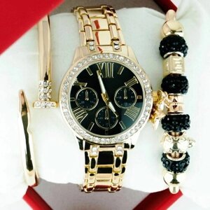 Наручные часы Подарочный набор женские наручные часы с двумя браслетами, золото-черный, золотой