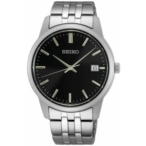 Наручные часы SEIKO Часы японские наручные мужские кварцевые на браслете Seiko SUR401P1*6N52, серебряный, черный