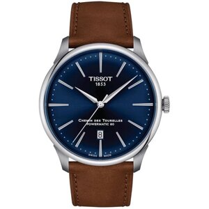 Наручные часы TISSOT T-Classic Швейцарские механические часы Tissot Chemin des Tourelles Powermatic 80 T139.407.16.041.00 (T1394071604100) с гарантией, коричневый, синий