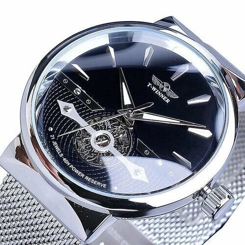 Наручные часы WINNER Часы наручные T-Winner 21 камень мужские автоматические, механические с сетчатым стальным браслетом, с автоподзаводом, серебряный