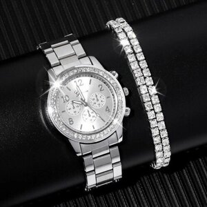 Наручные часы Женские кварцевые часы с инкрустацией камнями и стальным ремешком + браслет 2 шт., серебряный, белый