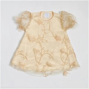 Нарядное детское платье с коротким рукавом для девочки, Лютики, персиковое, для новорожденных, на выписку, на крестины 20 (62-68) 2-3 мес.