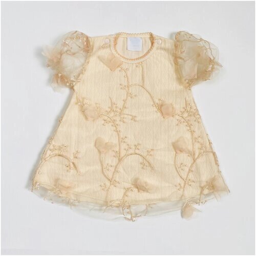 Нарядное детское платье с коротким рукавом для девочки, Лютики, персиковое, для новорожденных, на выписку, на крестины 20 (62-68) 2-3 мес.