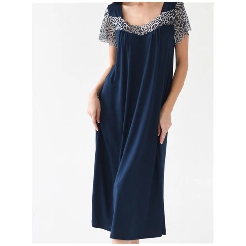 Ночная сорочка вискоза Премиум качество, темно-синяя, Велина, размер 50, Текстильный край