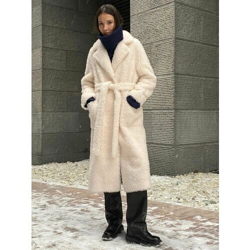 Пальто EDGE, овчина, силуэт свободный, карманы, пояс/ремень, размер 46, белый