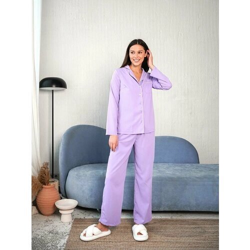 Пижама , брюки, рубашка, застежка пуговицы, длинный рукав, пояс на резинке, размер M, фиолетовый