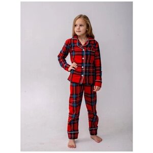 Пижама детская для девочки из хлопка с брюками и рубашкой "Красная клетка", размер 104