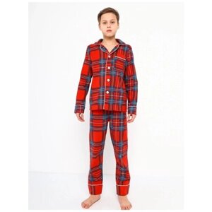 Пижама детская для мальчика из хлопка с брюками и рубашкой "Красная клетка", размер 146