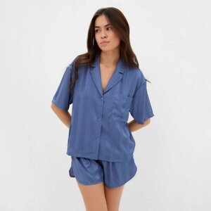 Пижама Kaftan, рубашка, шорты, застежка пуговицы, короткий рукав, размер 40, синий